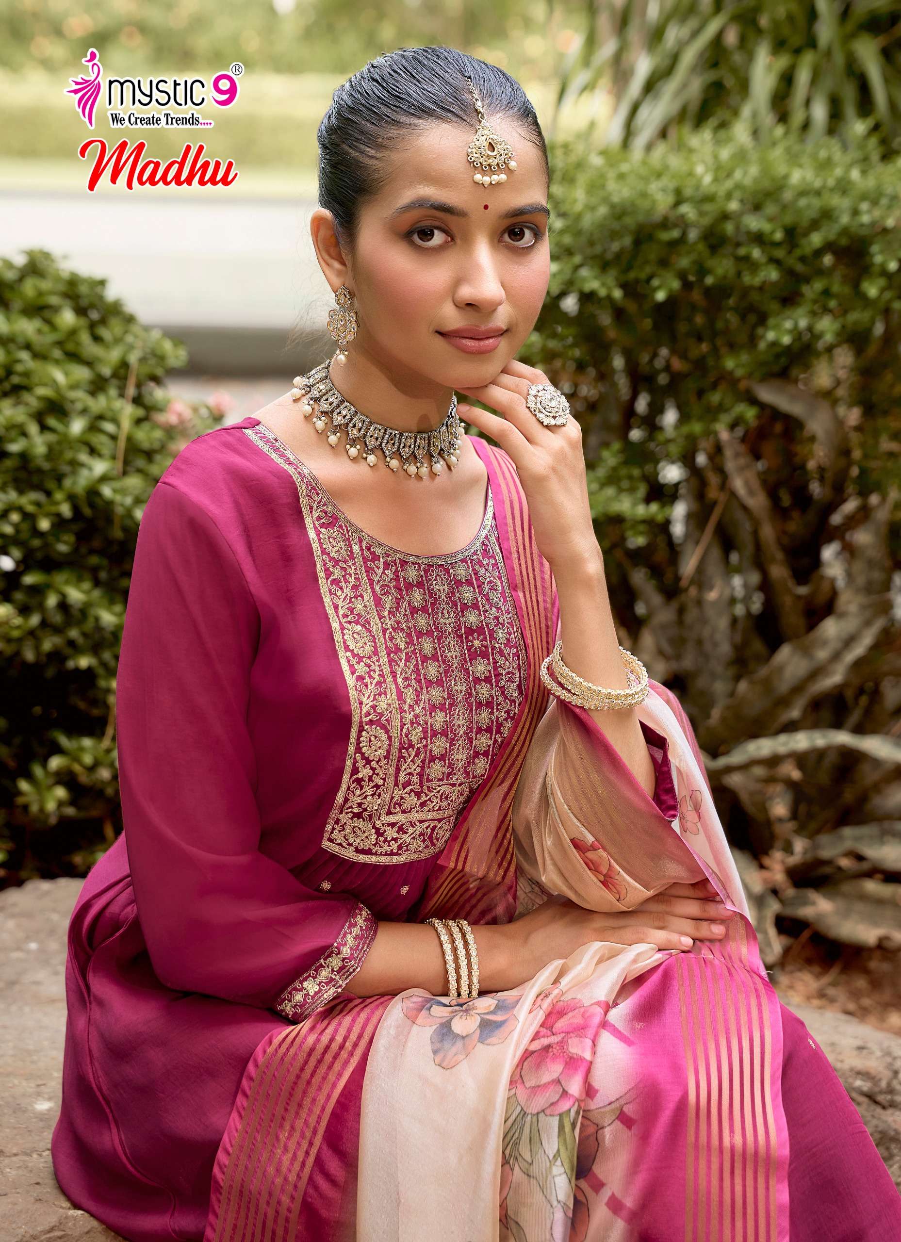 MYSTIC 9 MADHU VOL 1 CHANDERI DYED FLARED CUT CATALOGUE RUND KURTI PANT SUIT TEENAGE BUY